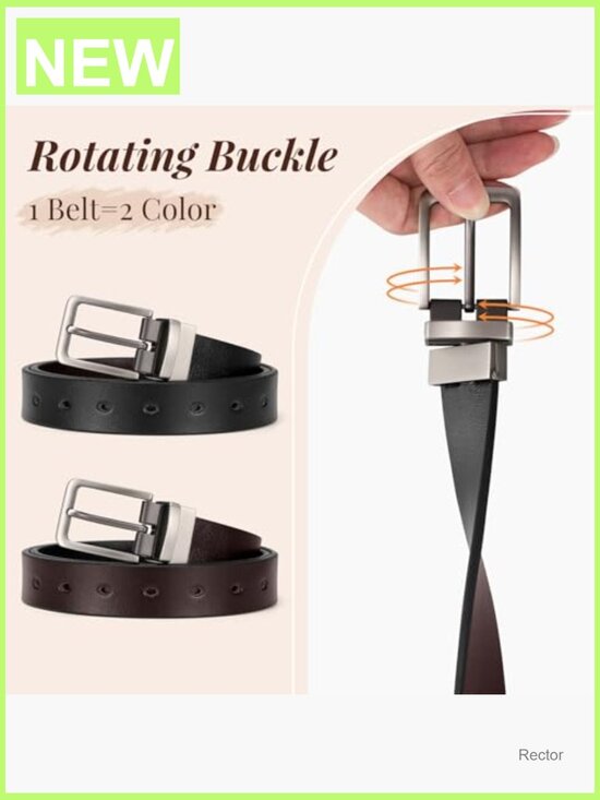Reversible Leather Belt with Rotated Metal Buckle - Adjustable Width